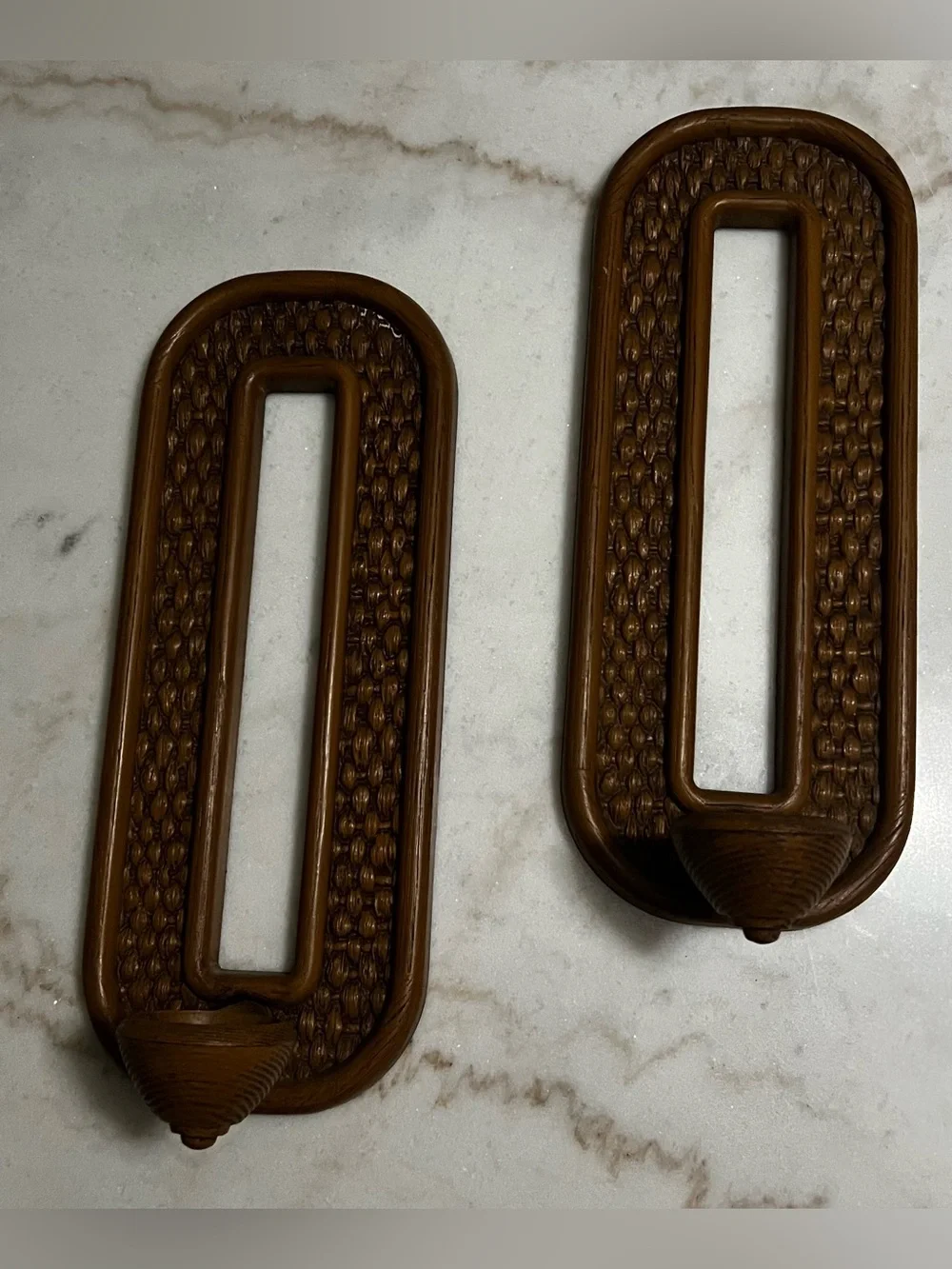Vintage 1970’s MCM Syroco Faux Rattan Brown Plastic Wall Sconces Set Of Two